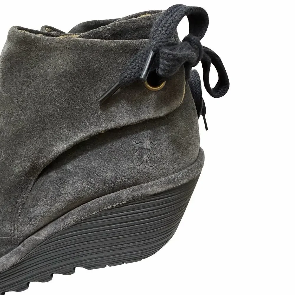 Fly London Womens Yebi Suede Ruched Wedge‎ Ankle Boots EU 41 US 10 Charcoal MINT